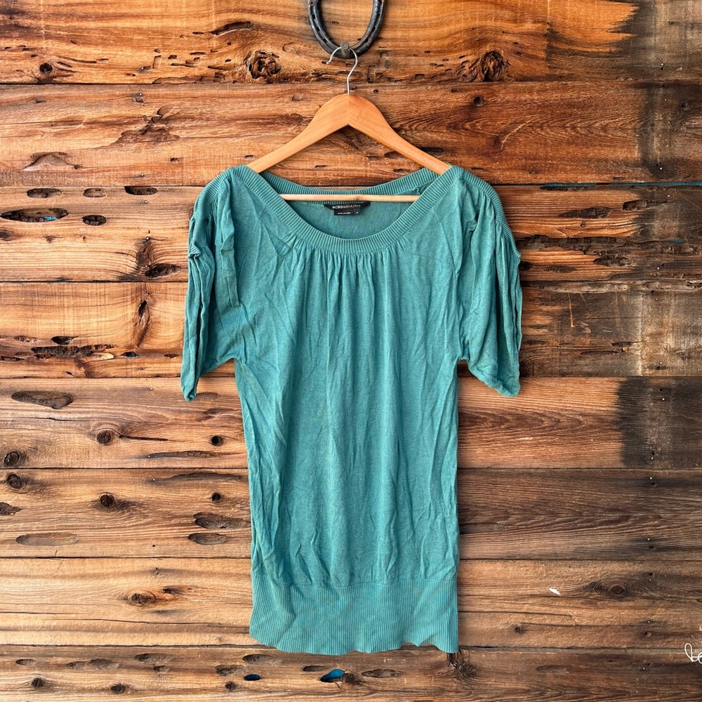 BCBGMAXAZRIA | Teal Silk Blend Scoop Neck Short Sleeve Tunic M